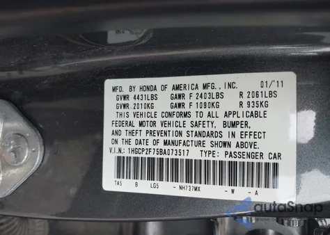 2011 Honda Accord 2.4 Ex z USA, uszkodzony, nr VIN 1HGCP2F75BA073517